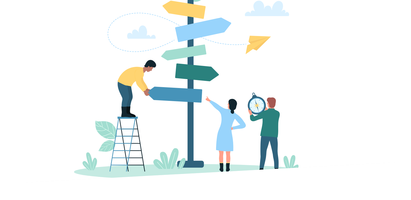 Corporate-styled cartoon of three people setting up a large pole with signs pointed in different directions. Below the pole is a patch of grass with leaves.
