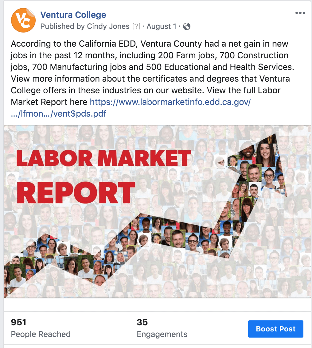 Screenshot of a social media promotion from Ventura College.