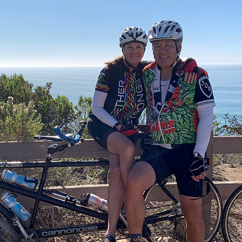 Janeene Nagaoka and her husband riding bikes