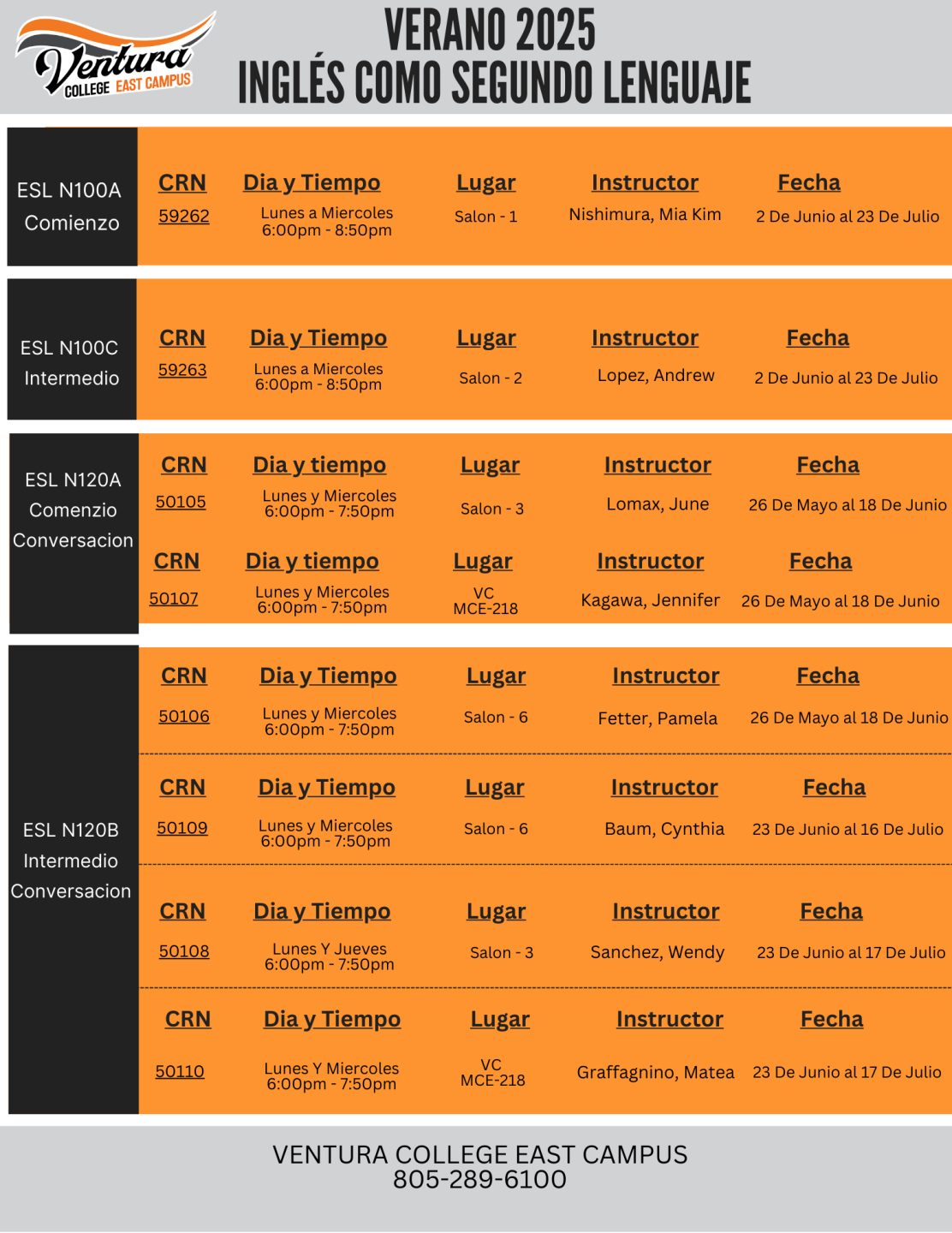 ESL courses, Summer 2025 (Spanish)