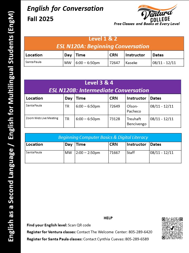 Fall ESL Schedule, beginning supplemental courses (English)