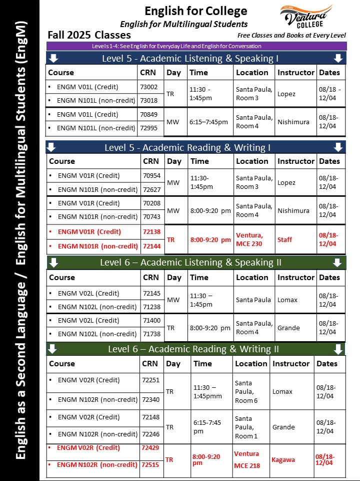  ESL sequence Fall 2025 - intermediate to advanced (English)