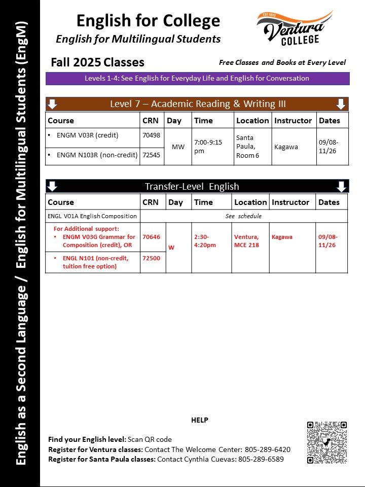  ESL sequence Fall 2025, page 2 - intermediate to advanced (English)