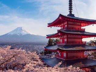 一座可以看到富士山的日本宝塔. 